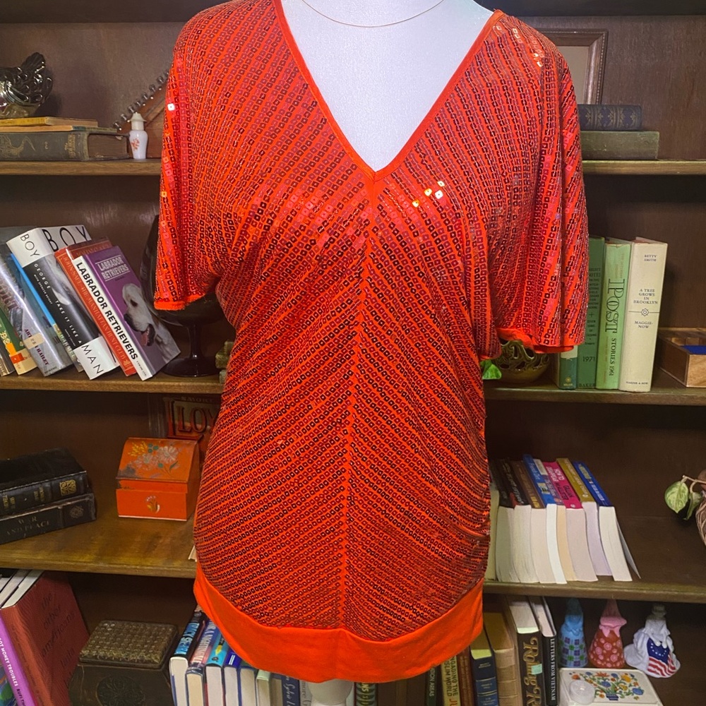 Say What? Orange Sequin Short Sleeve Blouse